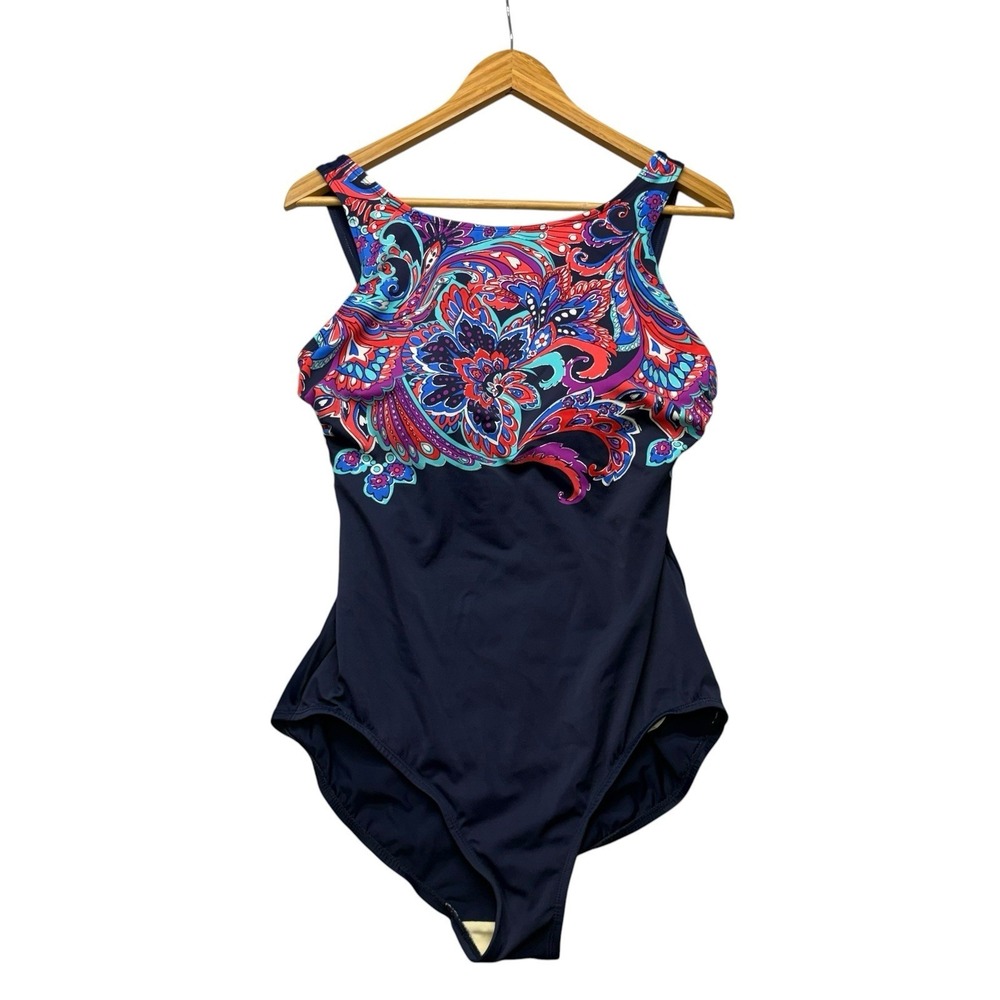 Croft & Barrow Womens Swimsuit 14 Navy Blue Floral Paisley One Piece Modest